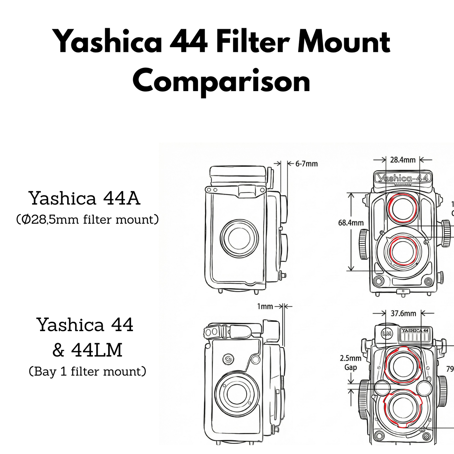 Gegenlichtblende & Deckel für Yashica 44, 44LM, 44A (Bay 1 / 28,5mm)
